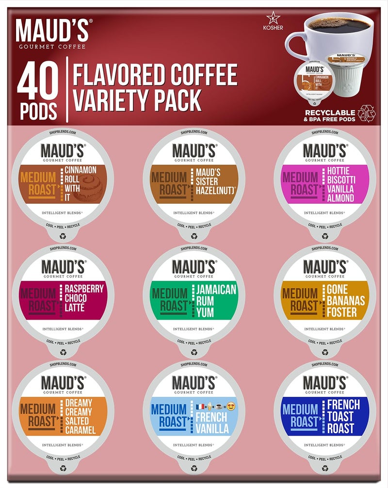 Maud's Flavored Coffee Pods Variety Pack, 40 ct, 9 Assorted Flavors, Medium Roast Flavored Coffee in Recyclable Single Serve Pods – 100% Arabica Coffee, Compatible with Keurig K Cups Maker - Image 1